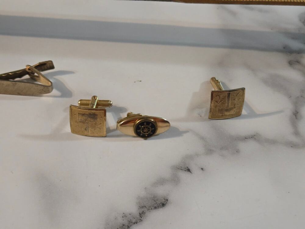 Vintage Mid-Century Brushed Gold Tone Cufflinks and Tie Clip Set